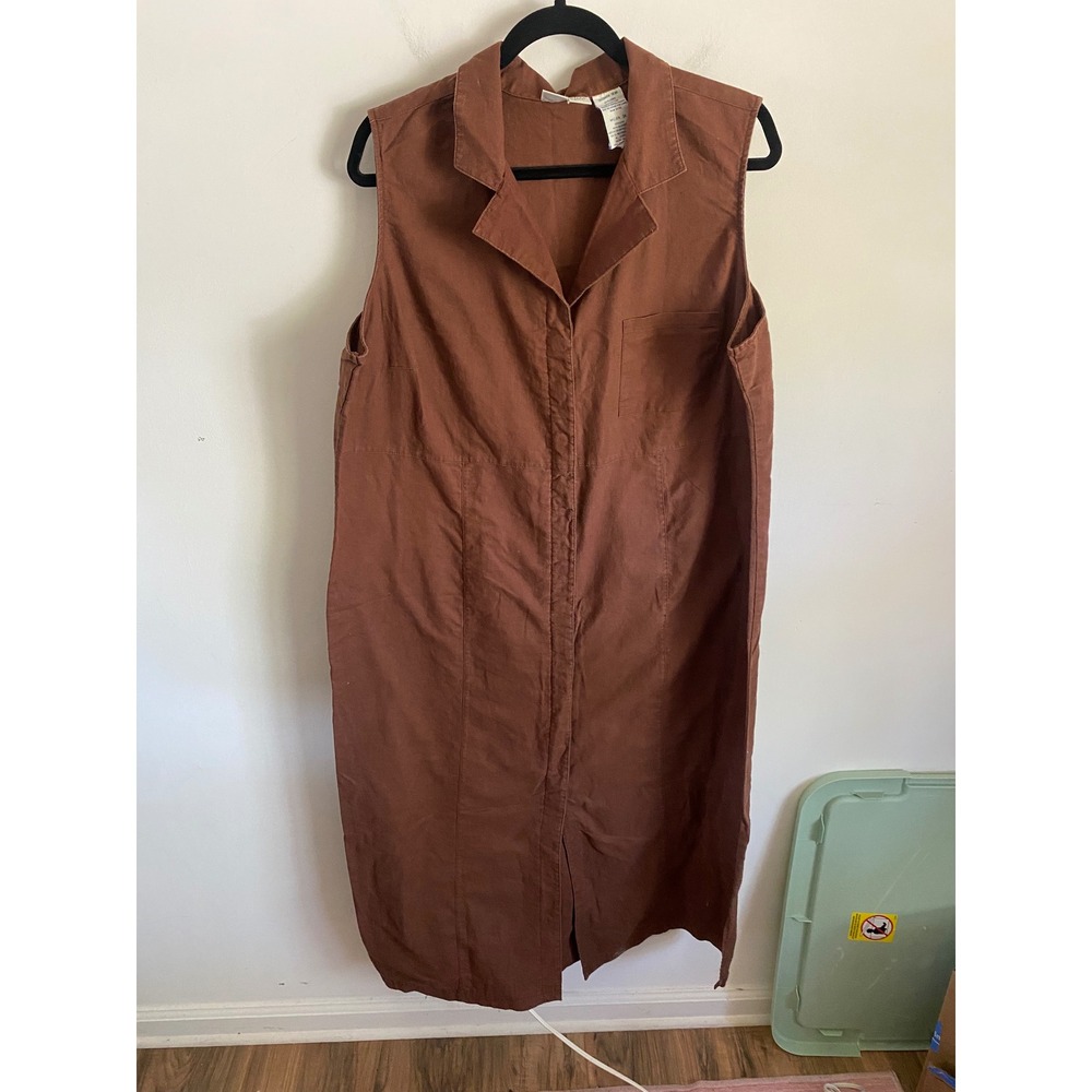 White Stag Woman Brown Linen Blend Sleeveless Button Front Midi Dress Plus 18W